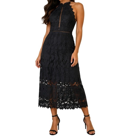 Fashion Nova Dresses & Skirts - Fashion Nova Womens Black Lace Halter Midi Dress Crochet Detail Size L